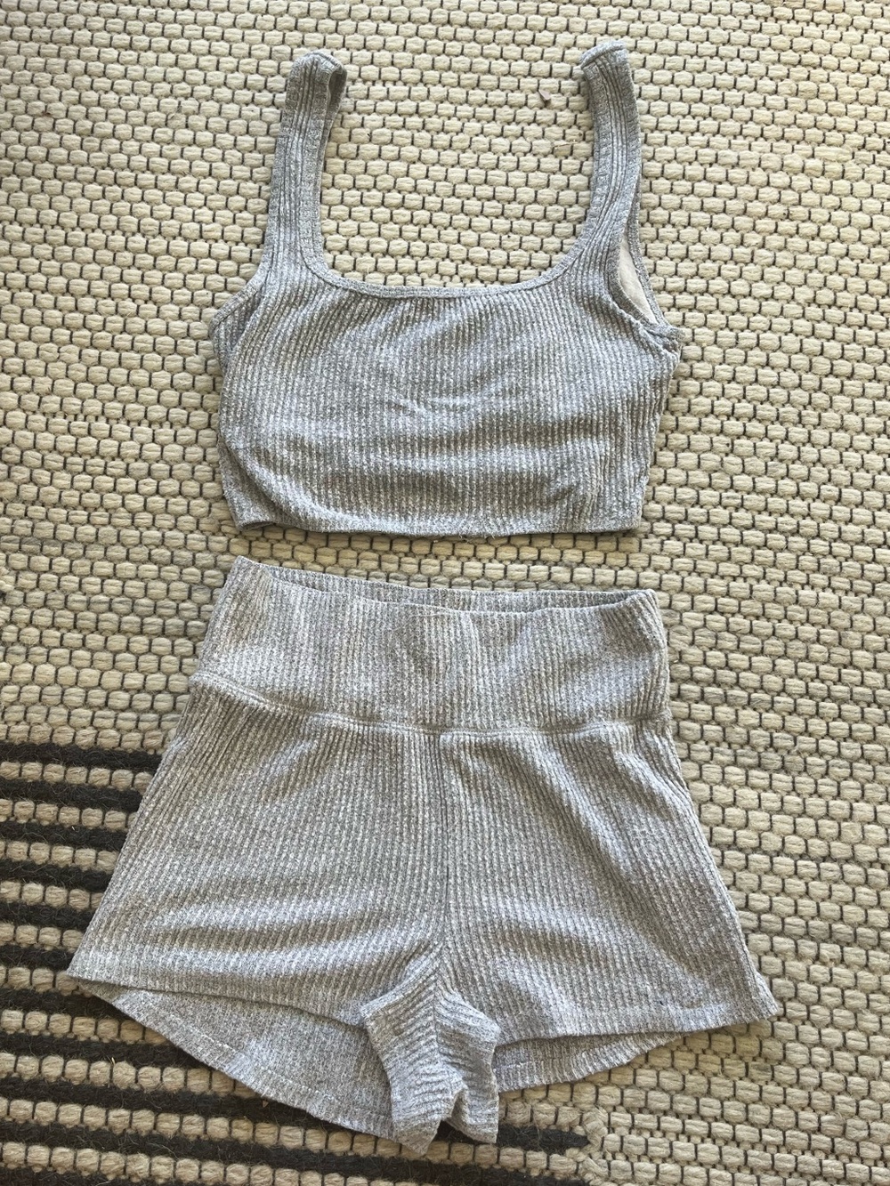 Gray Ribbed Sleep Set Crop Tank and Shorts Lounge Matching Set